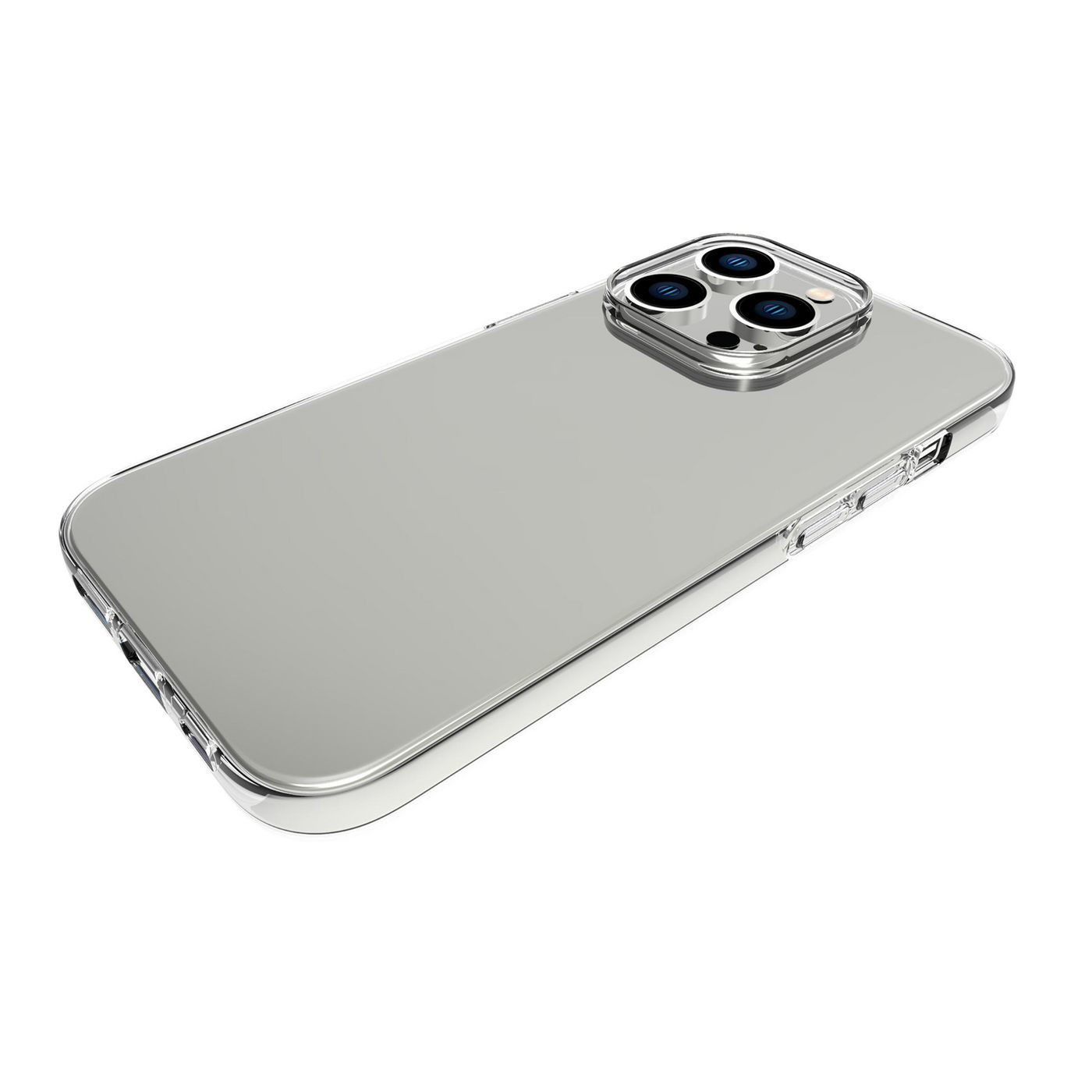 Custodia trasparente per telefono. È trasparente e ha un design semplice. È posizionata su bianco.