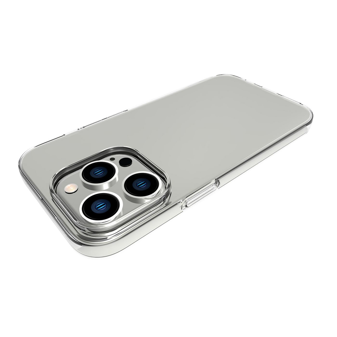 Custodia trasparente su una superficie bianca. La custodia copre il telefono, lenti della fotocamera visibili.