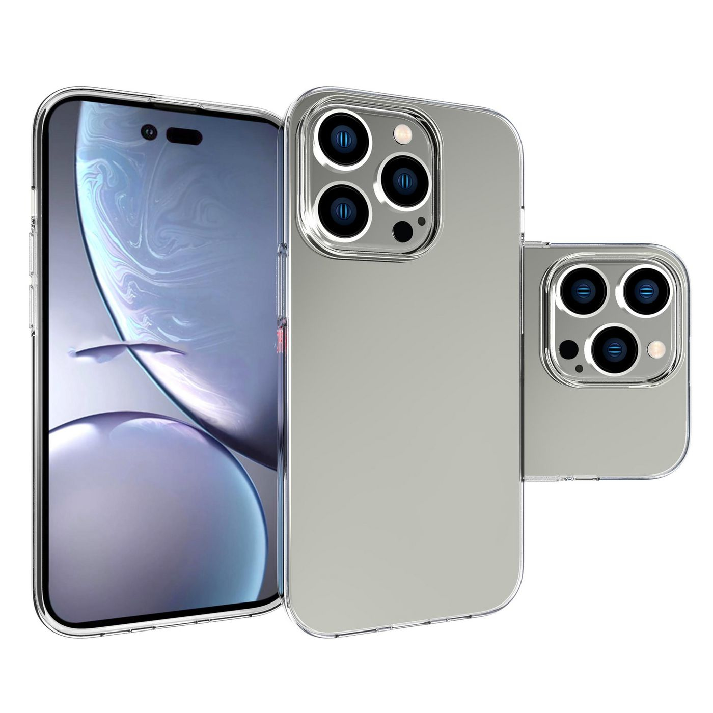 Tre telefoni, uno con lo schermo visibile. Tutti in custodie trasparenti. Sfondo bianco.