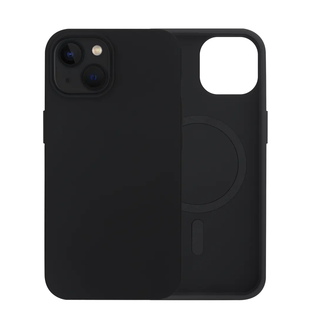 Custodia nera con ritaglio per iPhone 14. L'altro lato ha un cerchio.