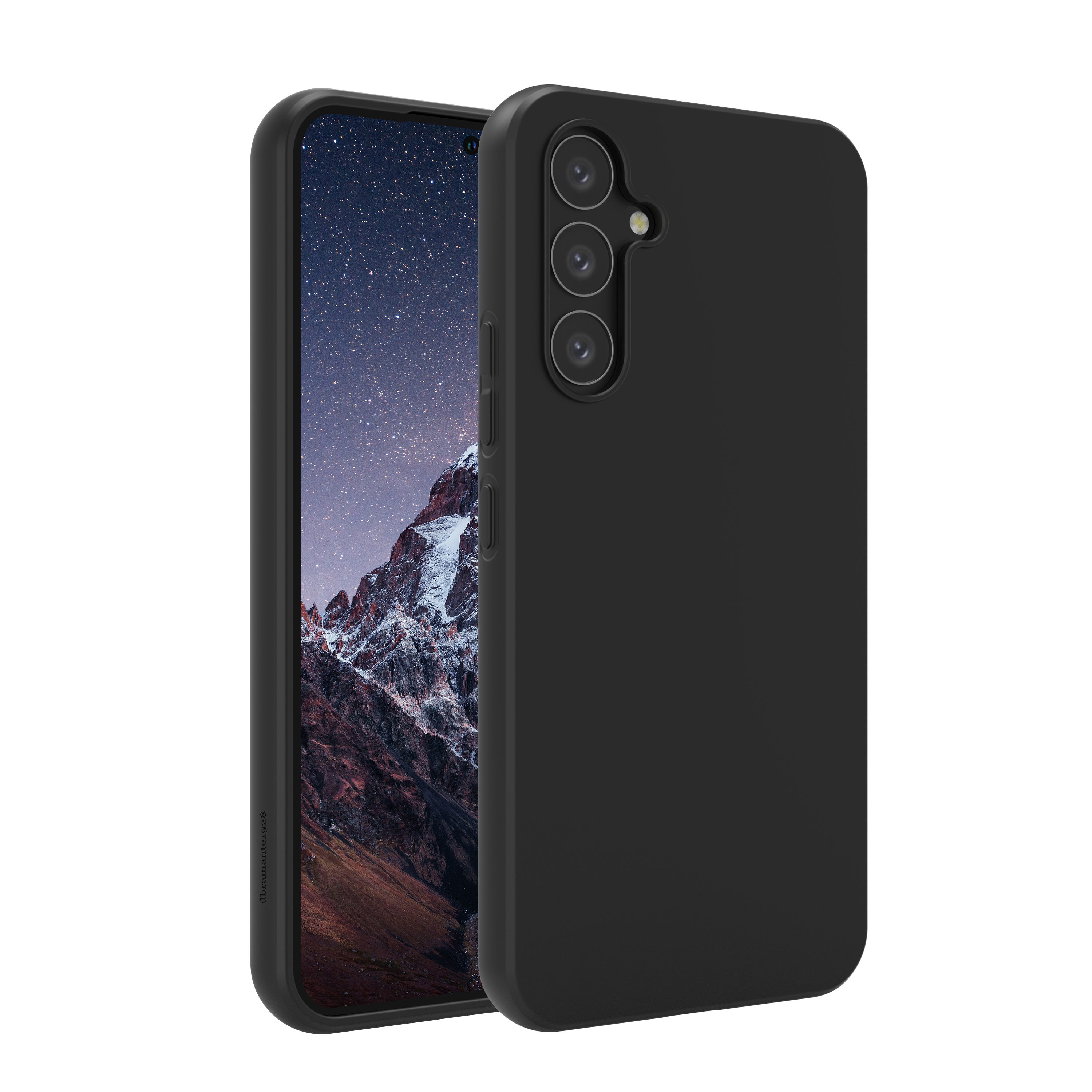 Custodia nera con telefono nero. Montagna e cielo stellato sullo schermo.