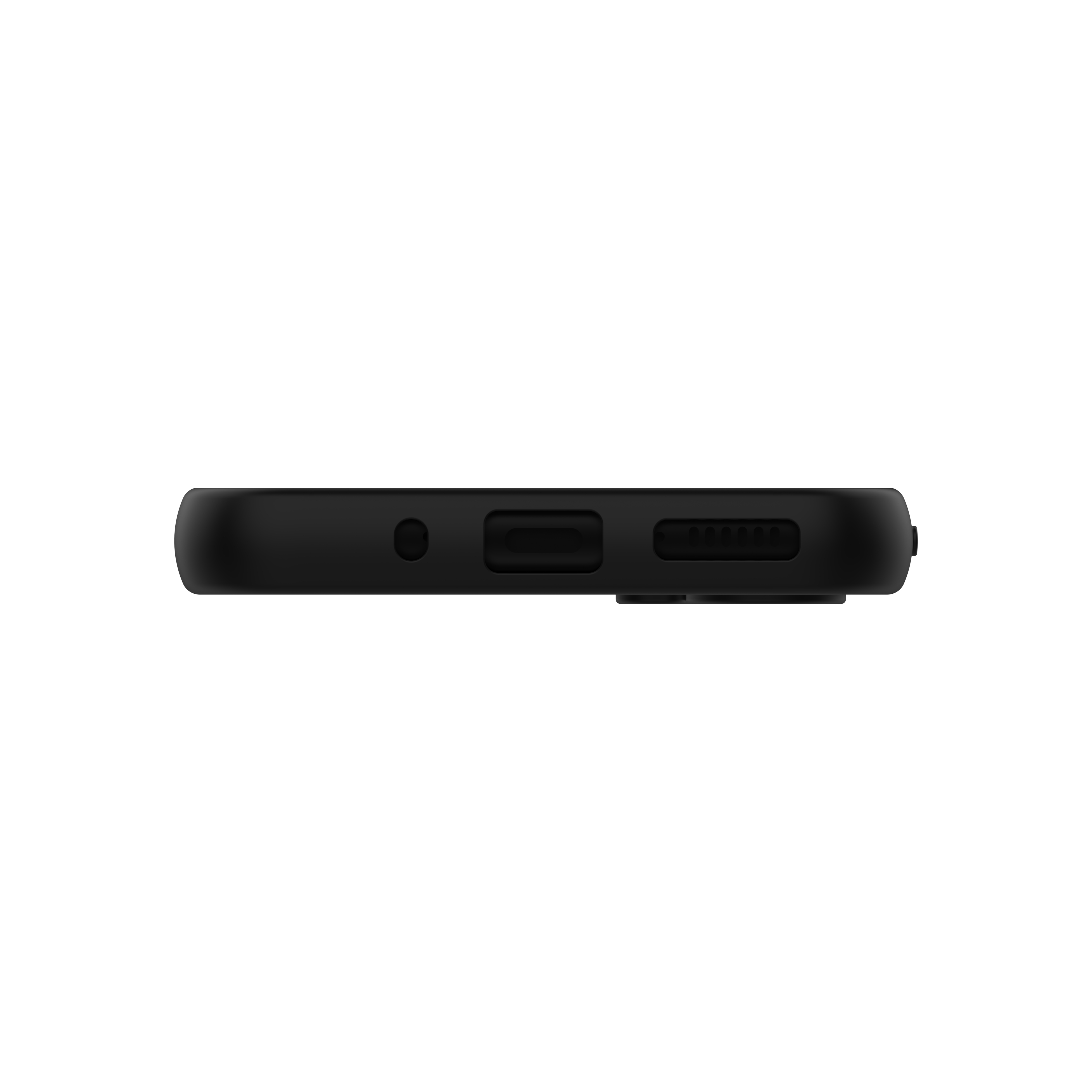 Parte inferiore del telefono nero. Le porte e i fori sono visibili.