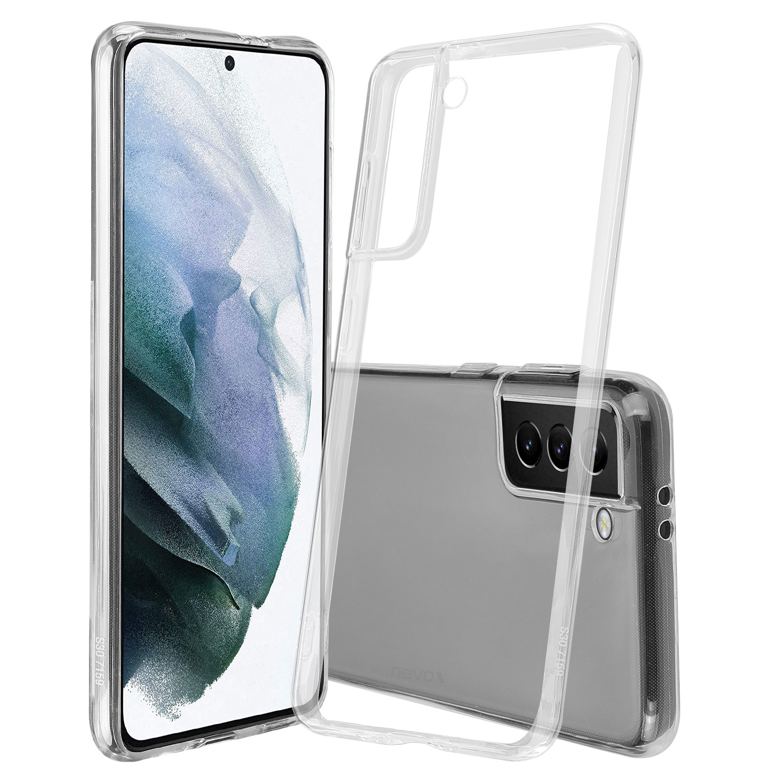 Custodia trasparente su un telefono Samsung, che mostra il telefono e la custodia.