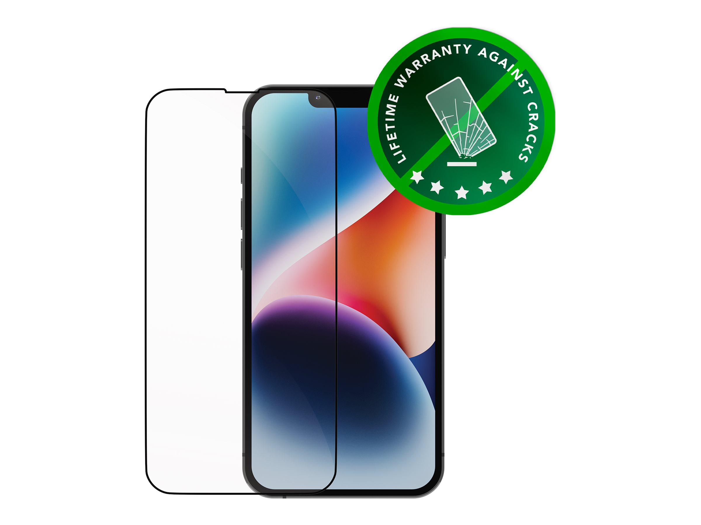 Uno schermo del telefono e una protezione per lo schermo, con un cerchio verde che dice 'Lifetime Warranty'.