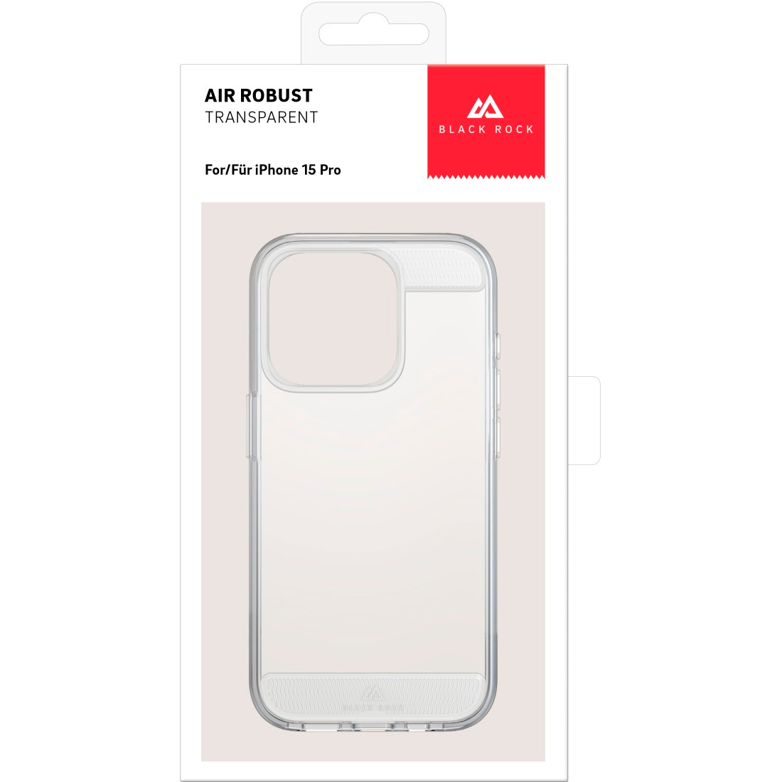 Custodia trasparente per telefono in una scatola bianca con dettagli rossi e un logo. Per iPhone 15 Pro.