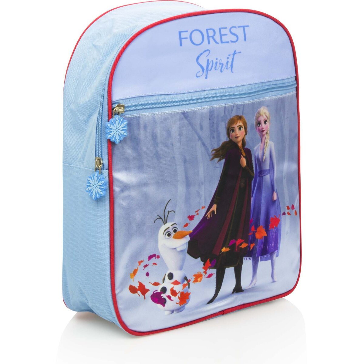Blauer Frozen Rucksack mit Anna, Elsa und Olaf. Hat rote Verzierungen und Schneeflocken-Reißverschlüsse.