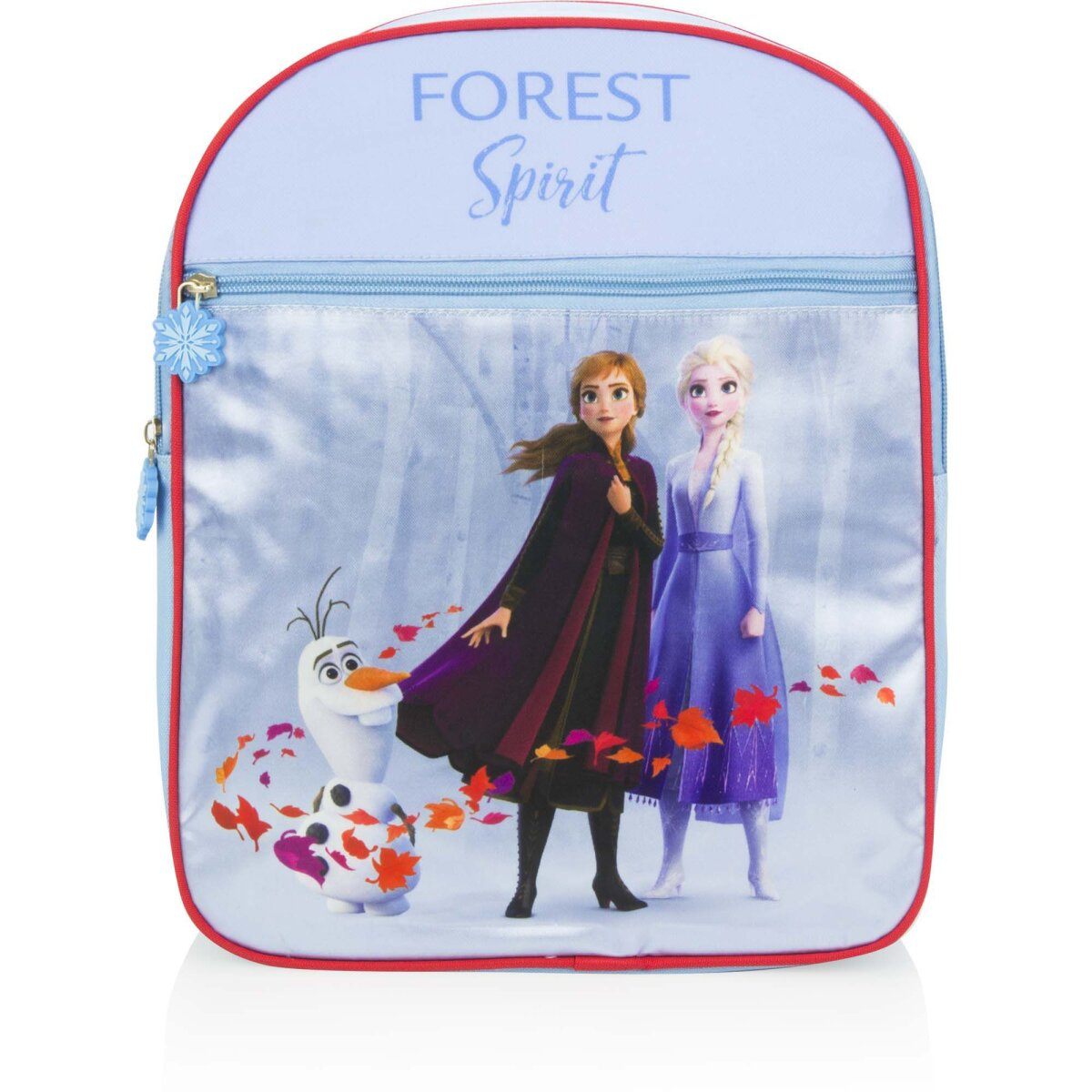 Blaue Rucksackfront mit Anna, Elsa, Olaf aus Frozen und dem Wort 'Forest Spirit'.