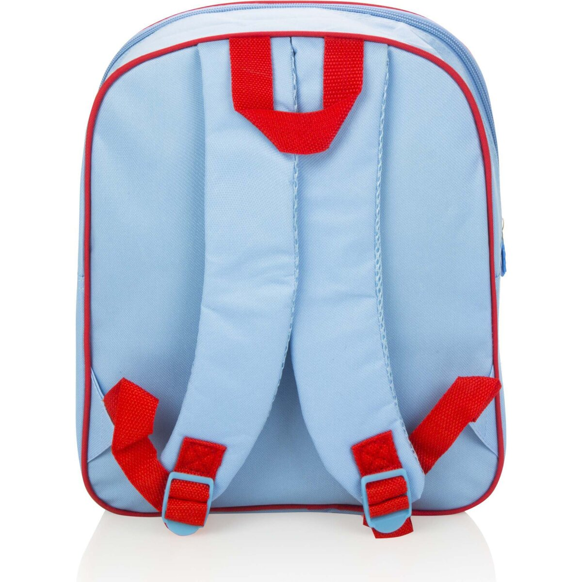 Rückseite eines blauen Rucksacks mit roten Trägern und Schnallen.