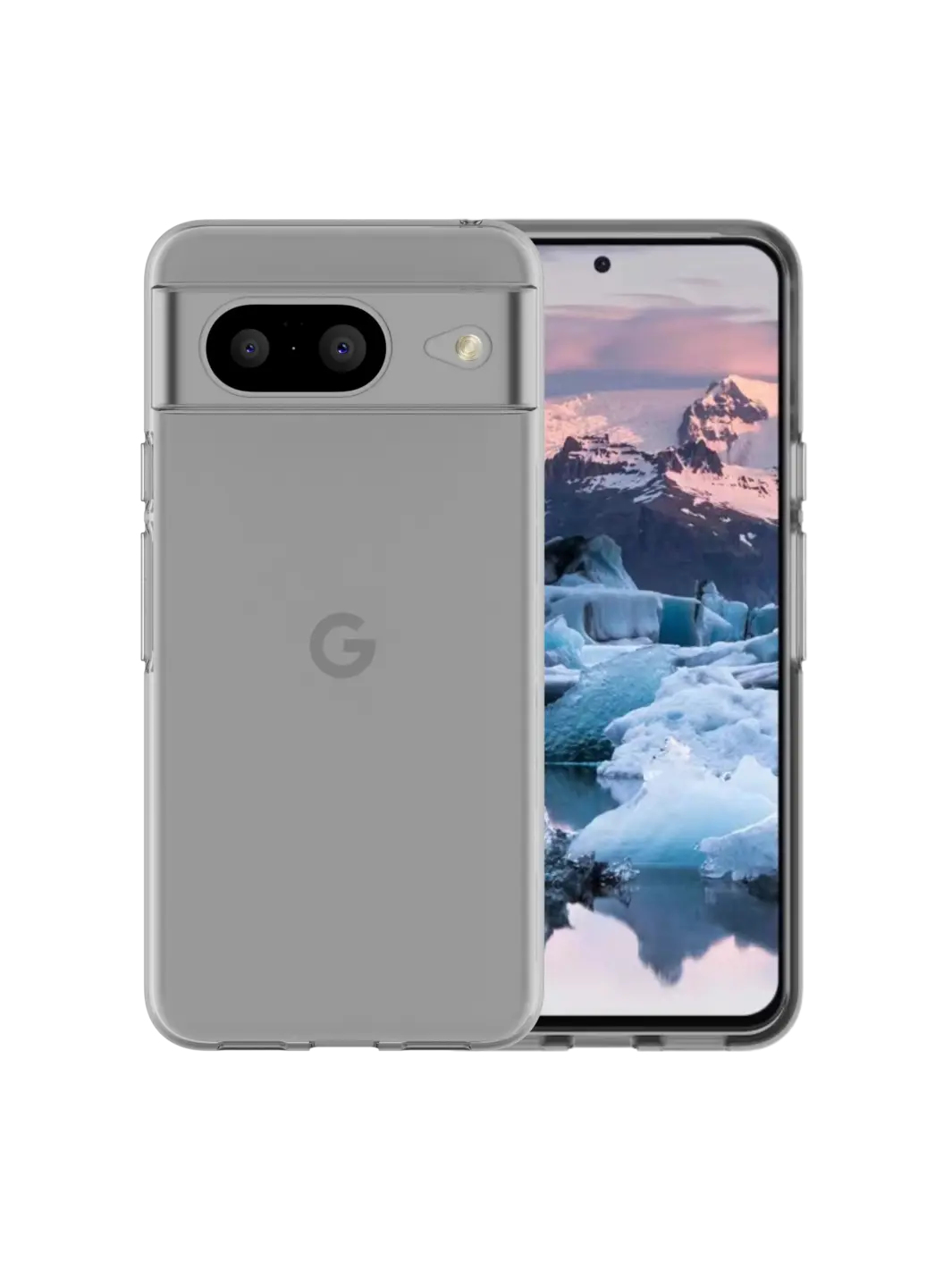 Custodia grigia su un telefono, con doppia fotocamera e immagine del paesaggio.