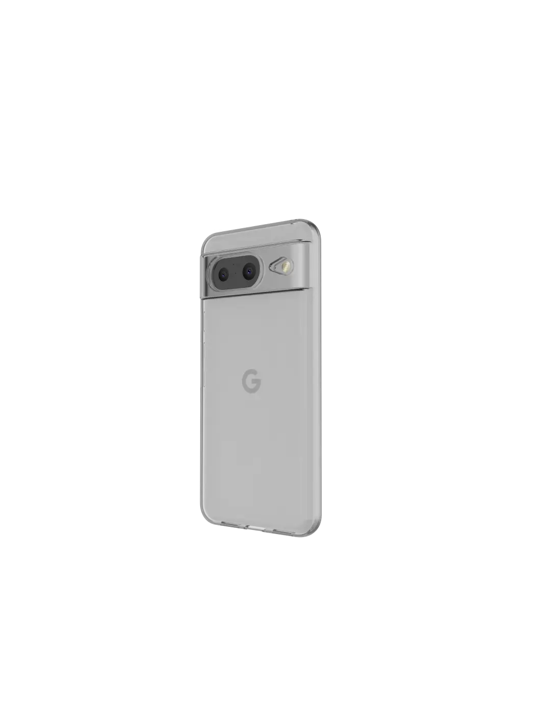 Custodia grigia su un telefono, con doppia fotocamera.