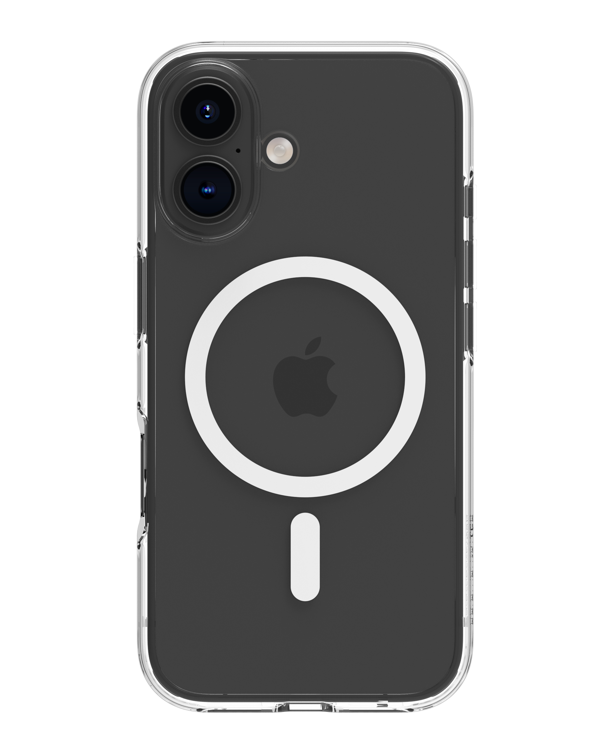 Custodia trasparente con telefono nero, logo Apple e fotocamera visibili.