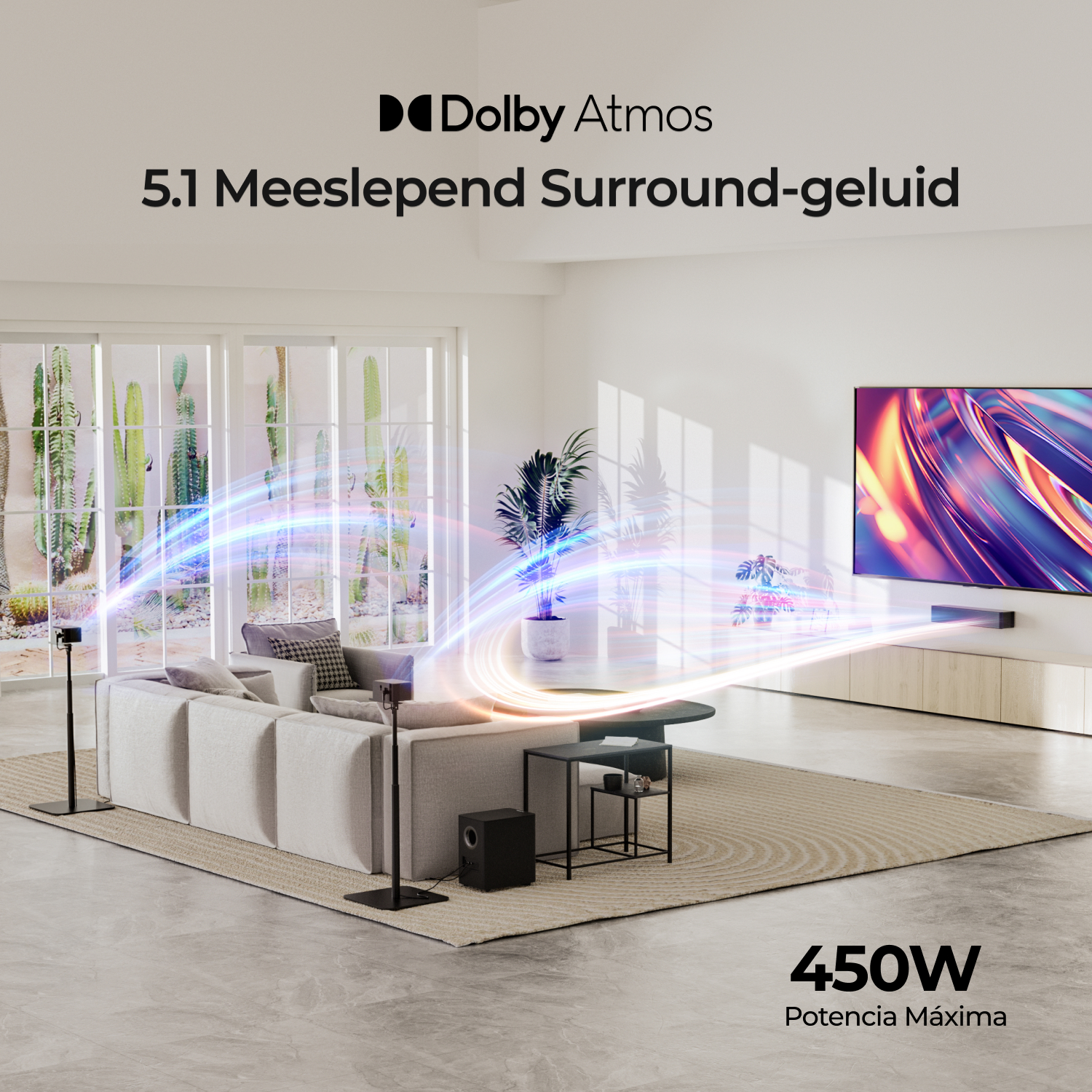 Living room scene with sofa, speakers, and TV. Text: Dolby Atmos, 450W.
