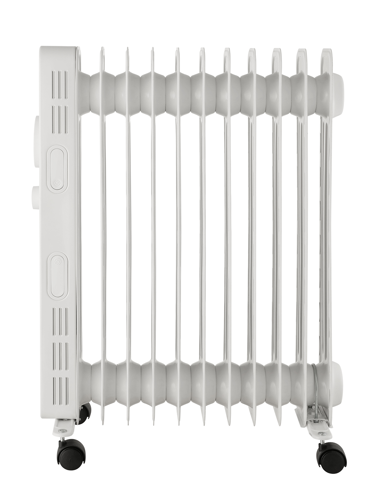 Radiatore elettrico bianco su ruote. Elementi riscaldanti verticali e pulsanti laterali.