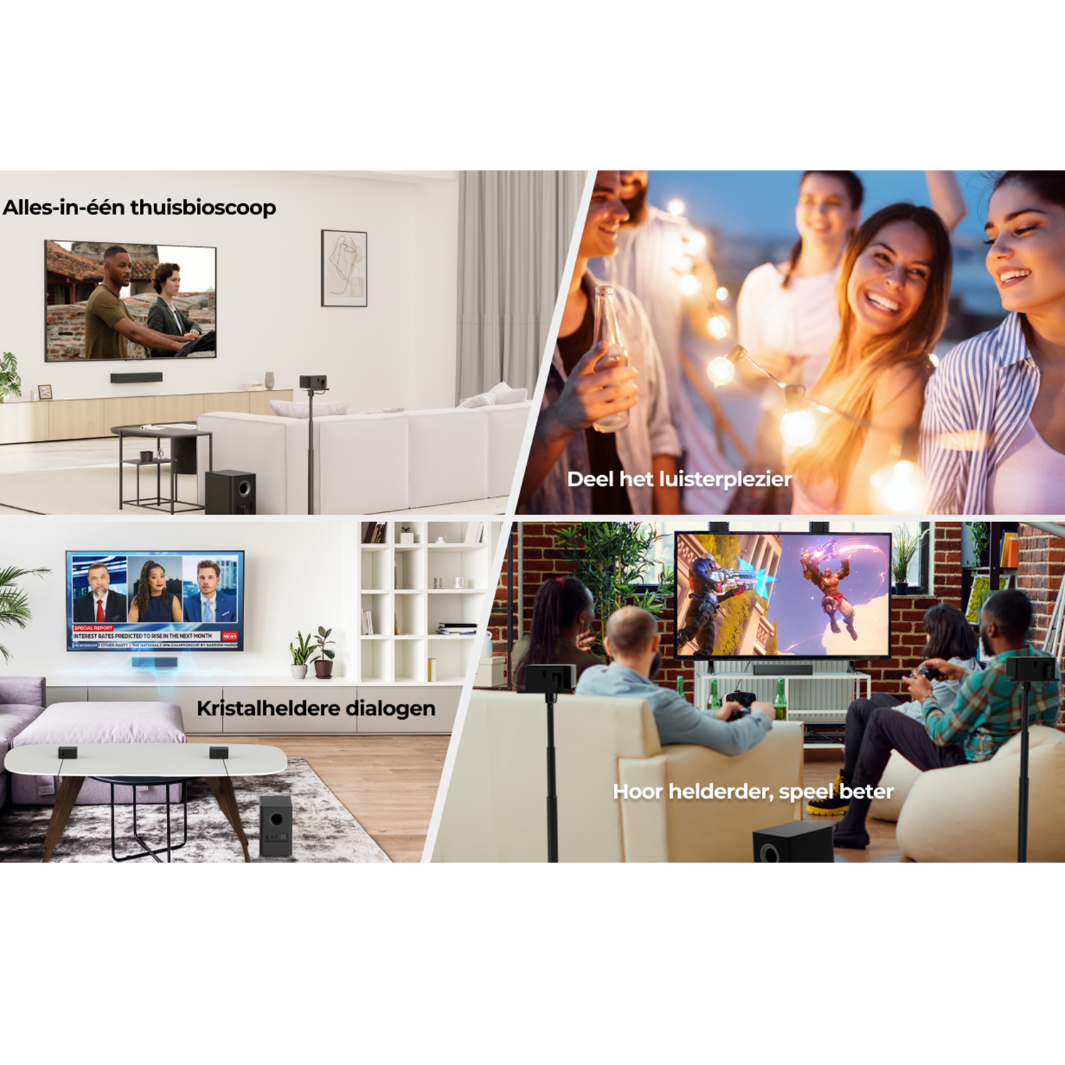 Multiple images of a home theater setup, TV, speakers, and people interacting.