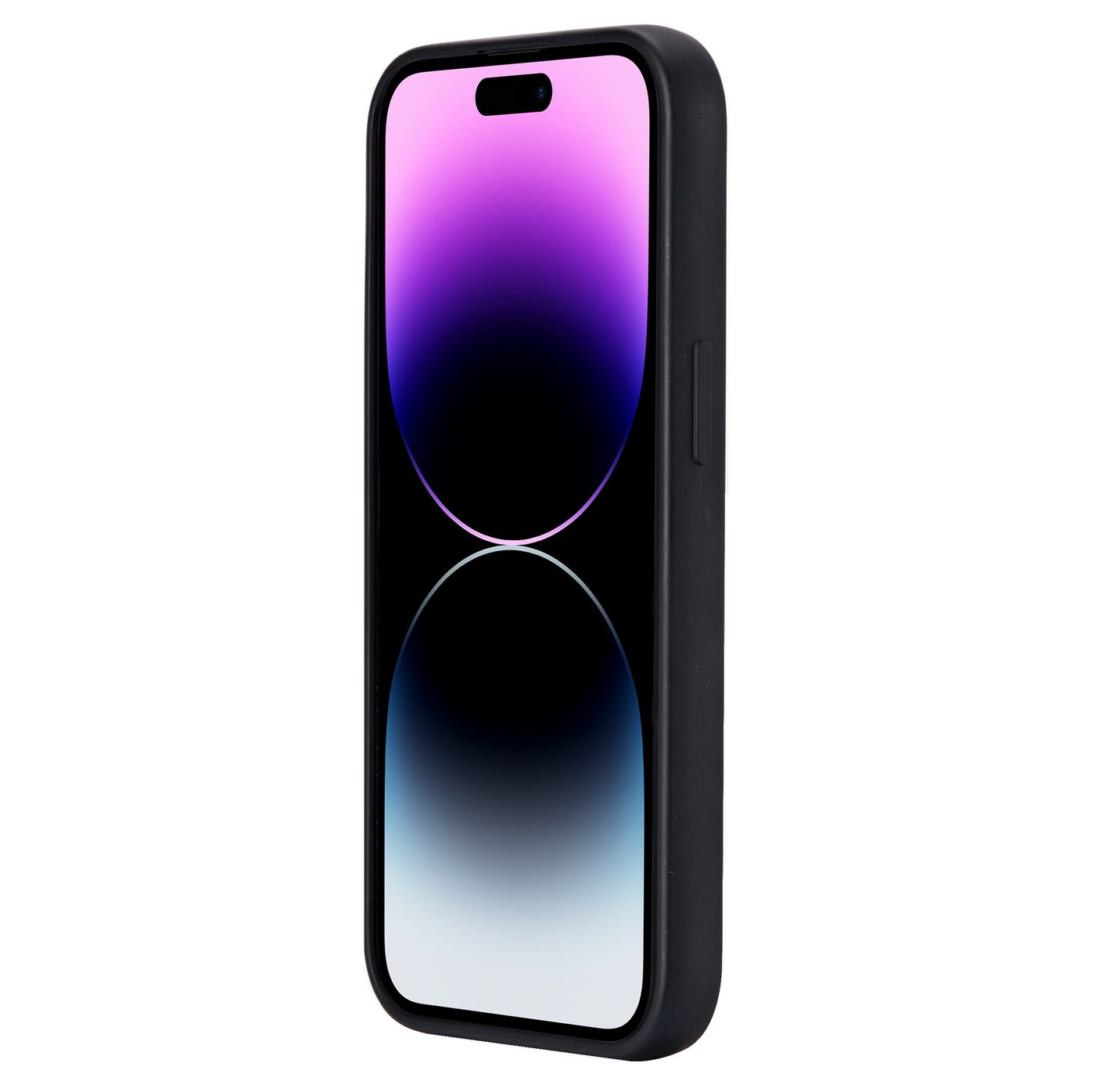 Un telefono nero dal design elegante e con un ampio schermo, con una sfumatura viola e blu.