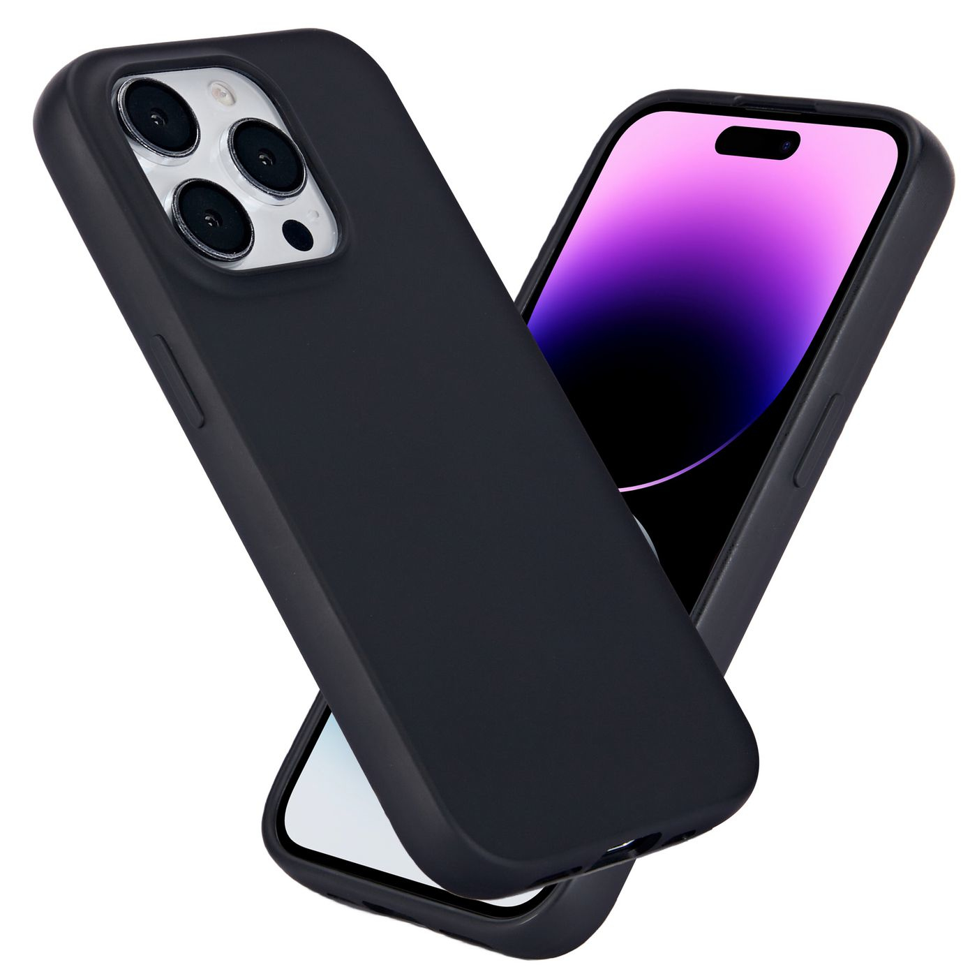 Custodia nera per iPhone con telefono, più lenti della fotocamera visibili.