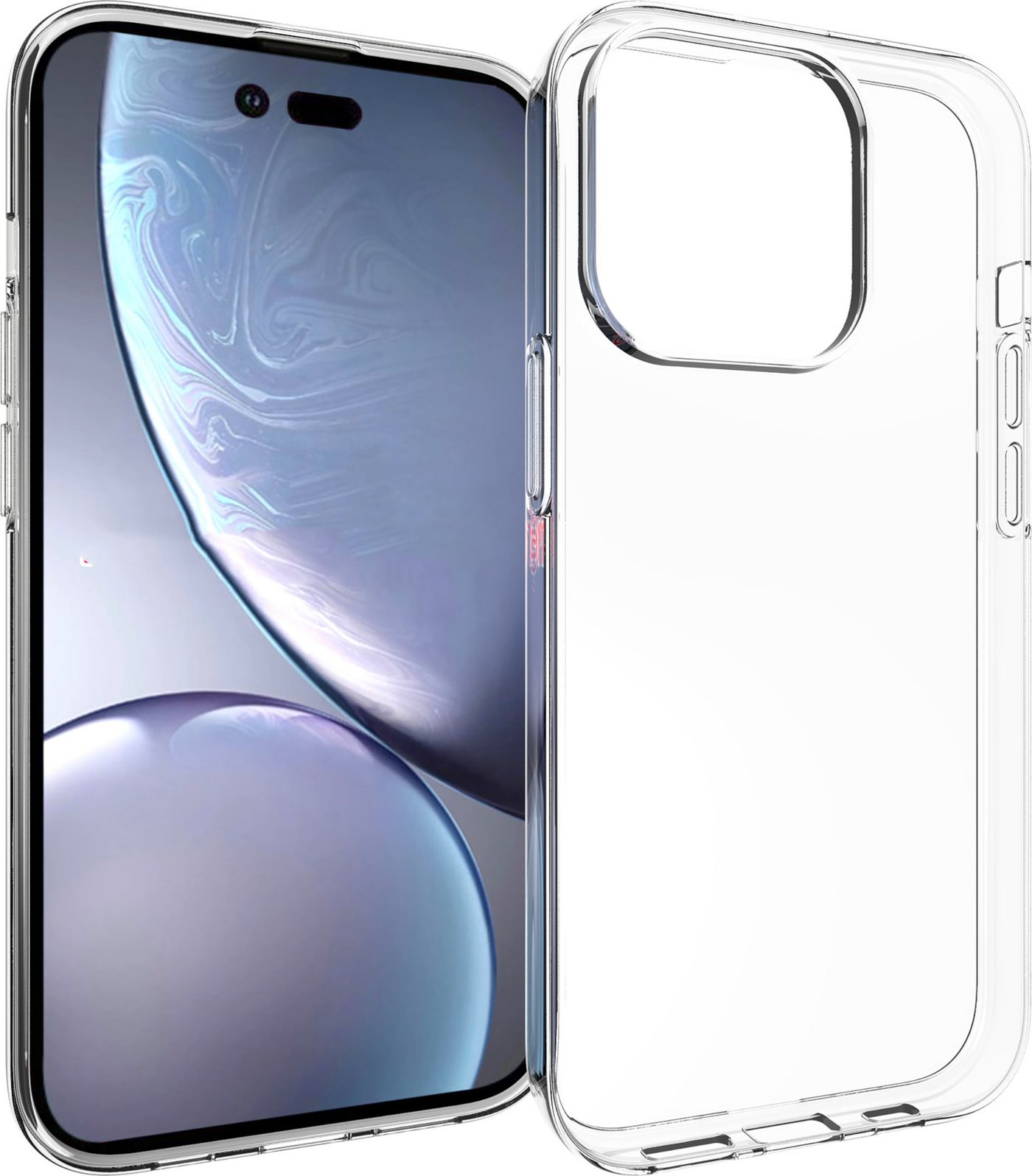 Custodia trasparente per iPhone che mostra il telefono. Il ritaglio della fotocamera è visibile.