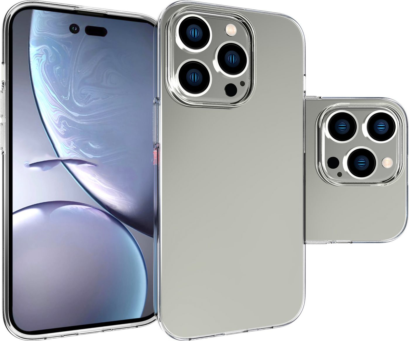 Custodia trasparente per iPhone con telefono all'interno, più lenti della fotocamera visibili.