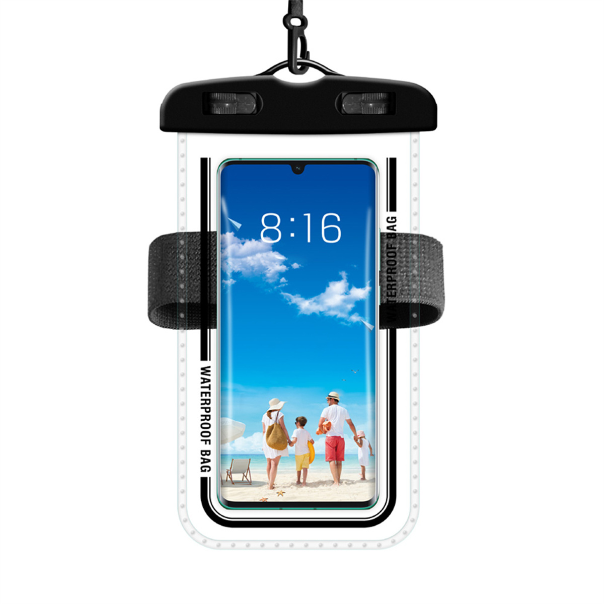 Wasserdichte Handyhülle. Telefon im Inneren zeigt eine Strandszene mit einer Familie.