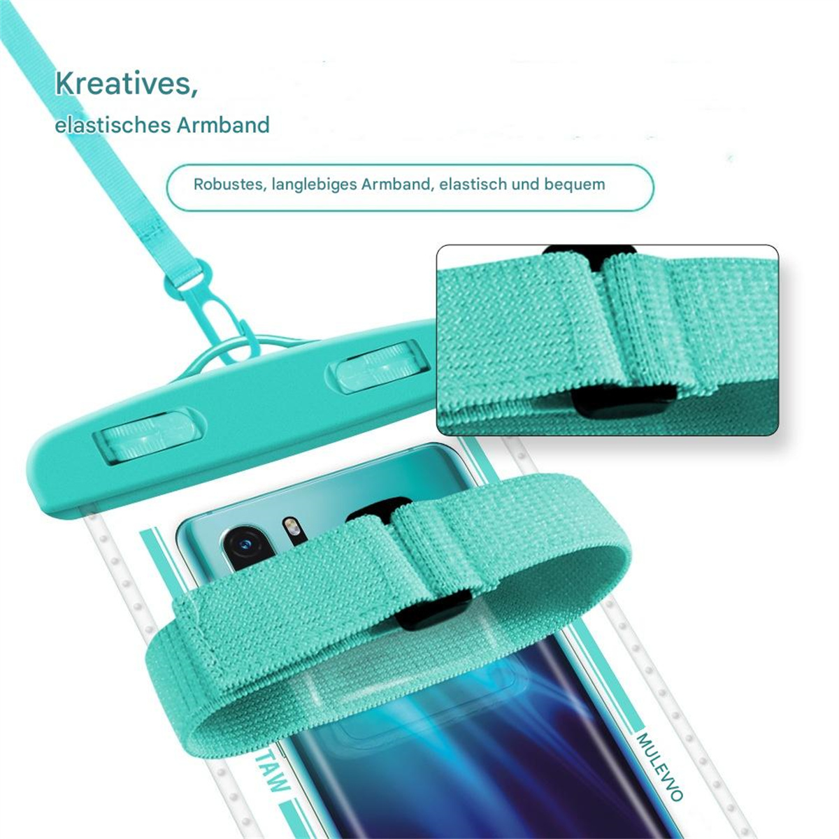 Eine wasserdichte Telefontasche mit blauem Gurt. Es sind Wörter darin.