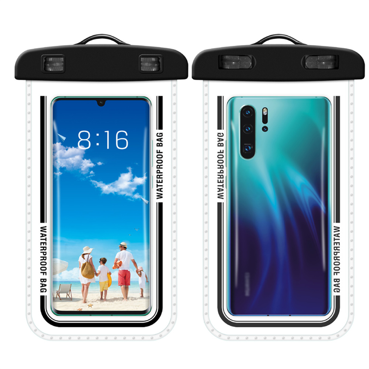 Zwei wasserdichte Handytaschen mit Handys darin. Eines zeigt Strand mit Familie, das andere blau.