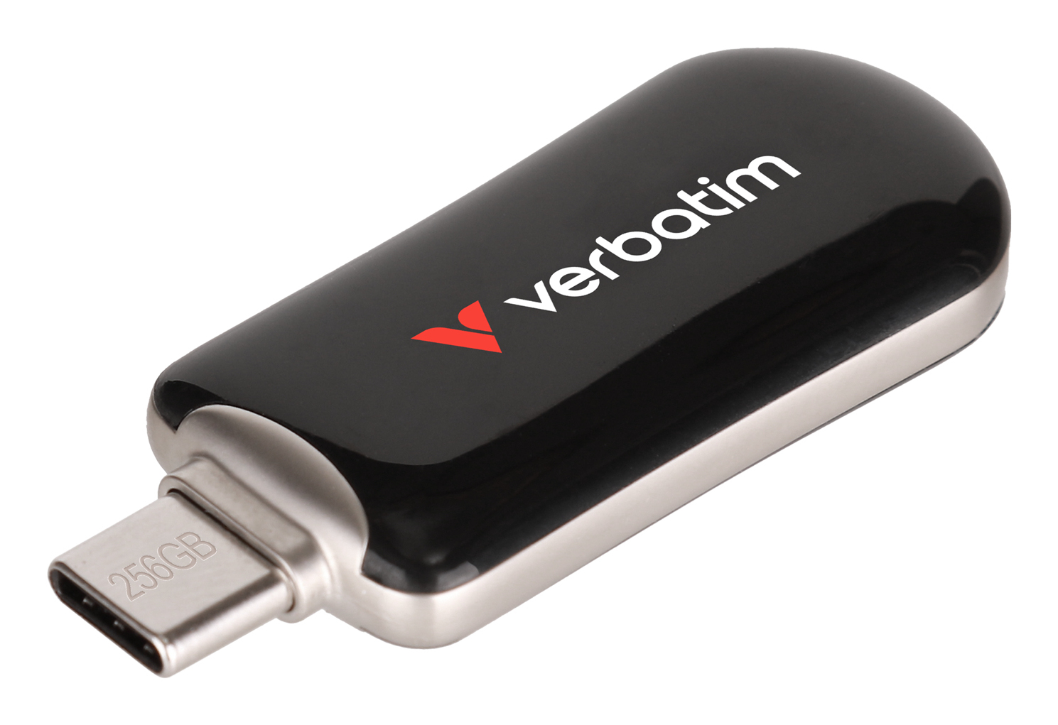 Zwarte Verbatim USB-stick met zilveren connector. De stick heeft een Verbatim-logo en 256GB-tekst.