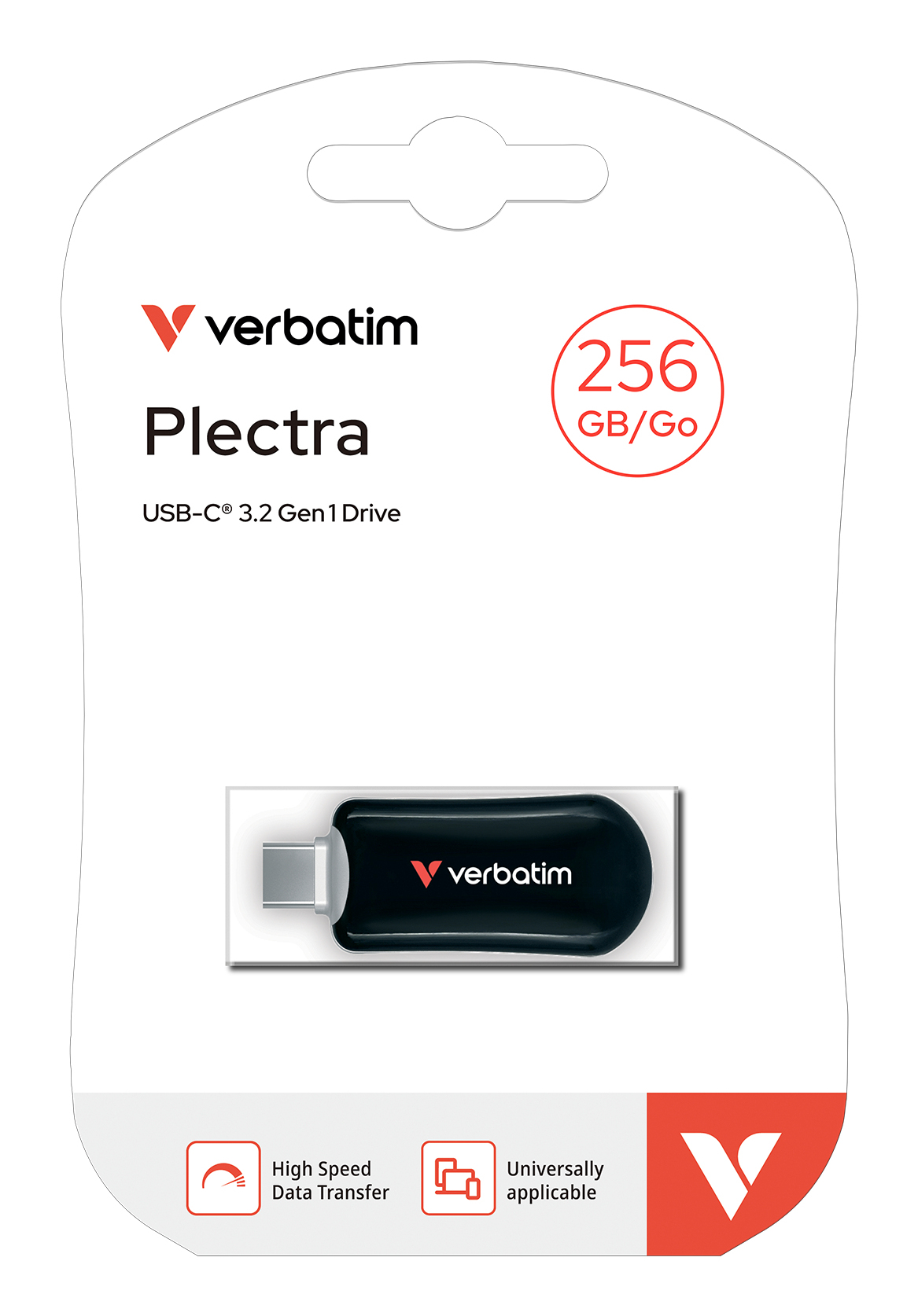 Zwarte en zilveren Verbatim Plectra USB-drive in een wit-rode verpakking. De drive heeft een USB-C-connector.