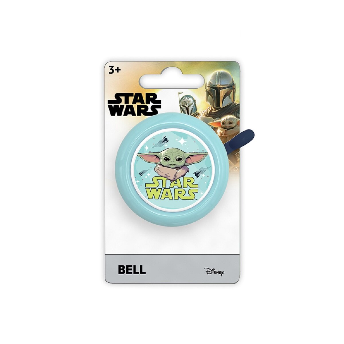 Star Wars-Glocke mit Baby Yoda-Bild und Star Wars-Logo auf blauem Hintergrund. Die Glocke befindet sich auf einer Karte.
