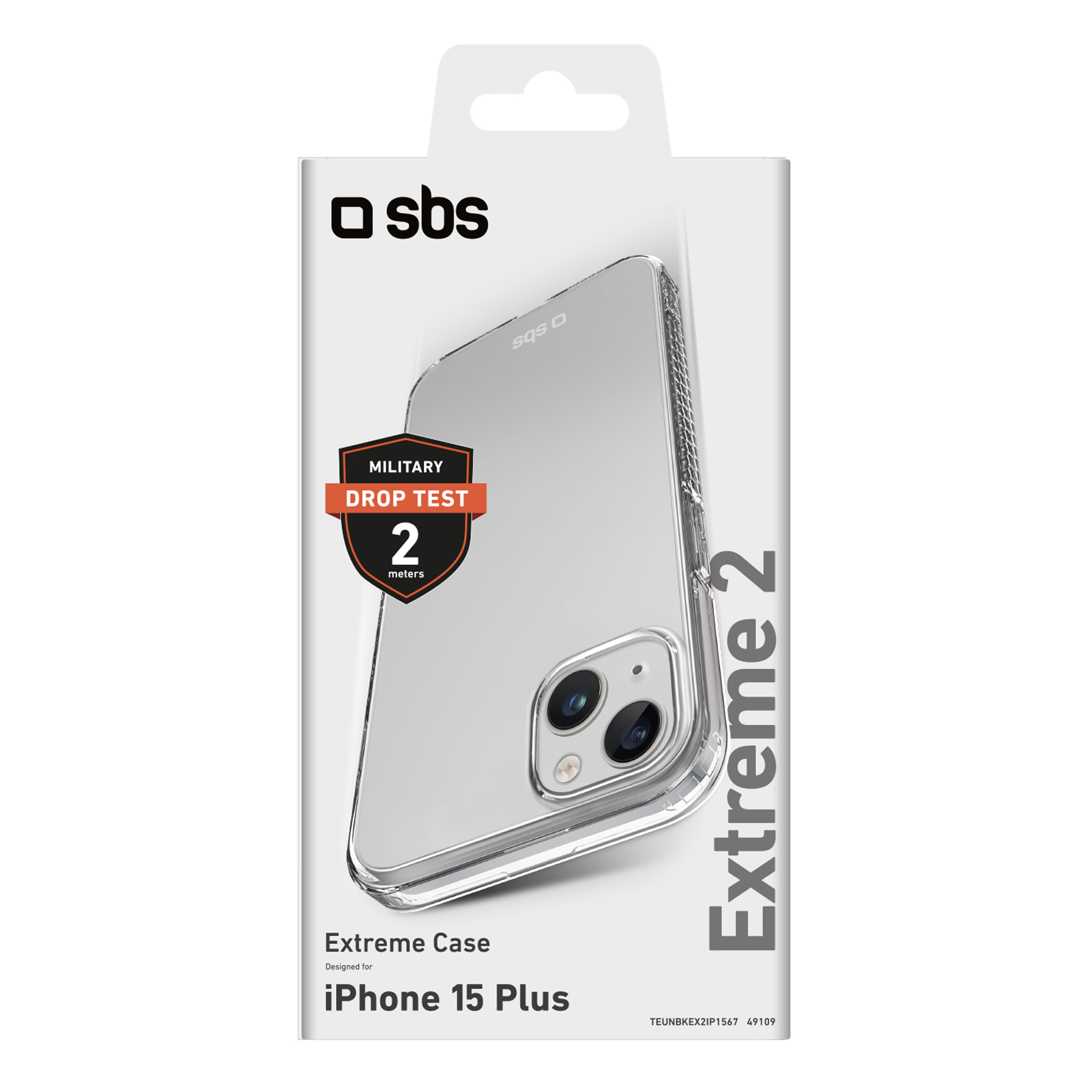 Confezione della custodia per iPhone 15 Plus. Custodia trasparente, con testo extreme 2 e un grafico di prova di caduta.