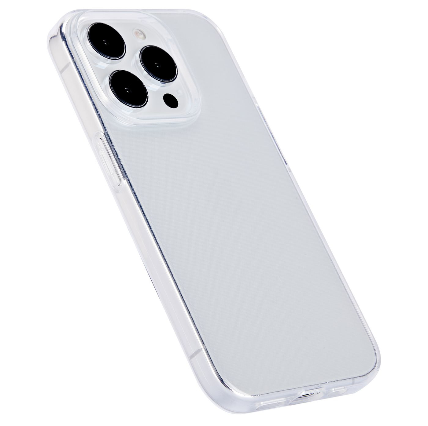 Una custodia trasparente per telefono su sfondo bianco, angolata, che mostra la parte posteriore e la fotocamera del telefono.