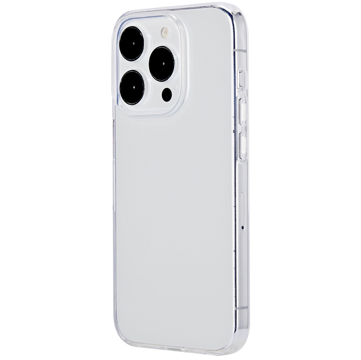 Una custodia trasparente per telefono, che mostra la parte posteriore di un telefono con più fotocamere e pulsanti.