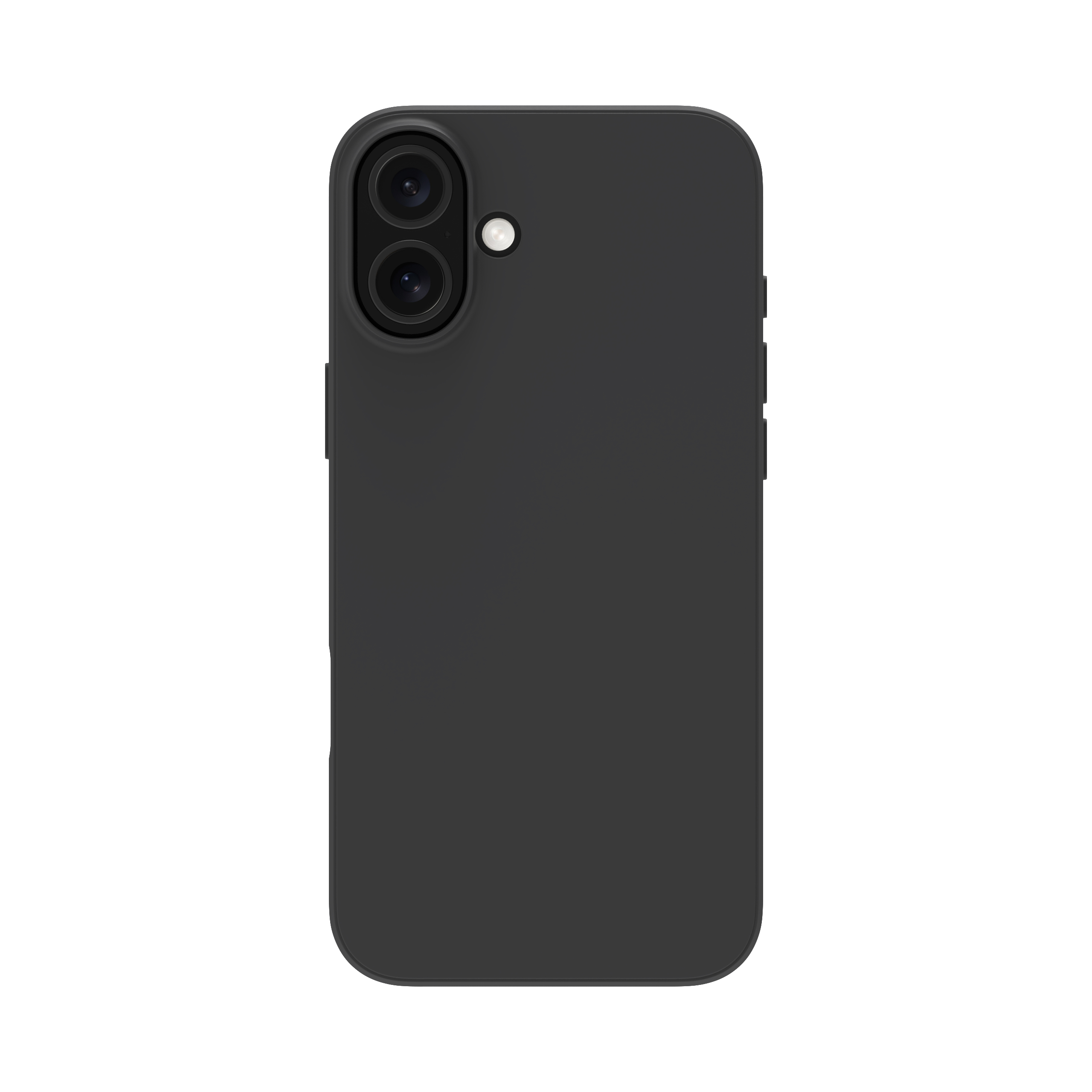 Custodia nera per telefono con doppia lente della fotocamera e un pulsante laterale, su sfondo bianco.