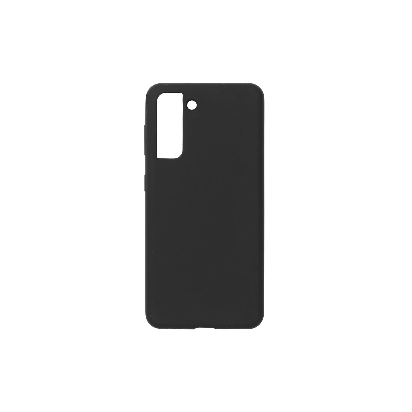 Custodia nera per telefono. Ha un ritaglio rettangolare per la fotocamera. Lo sfondo è bianco.