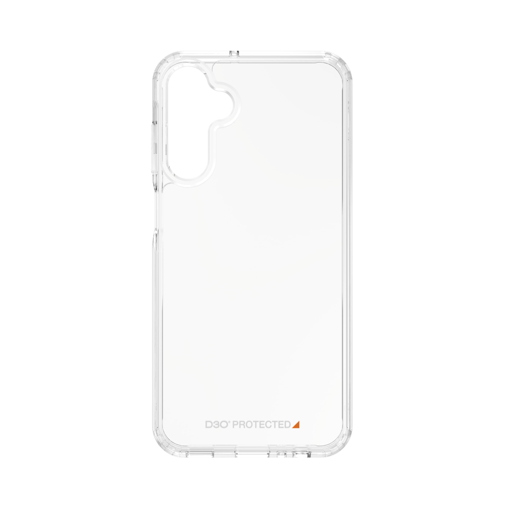 Custodia trasparente per telefono con testo 'D3O PROTECTED' e un logo arancione. La custodia è vuota.