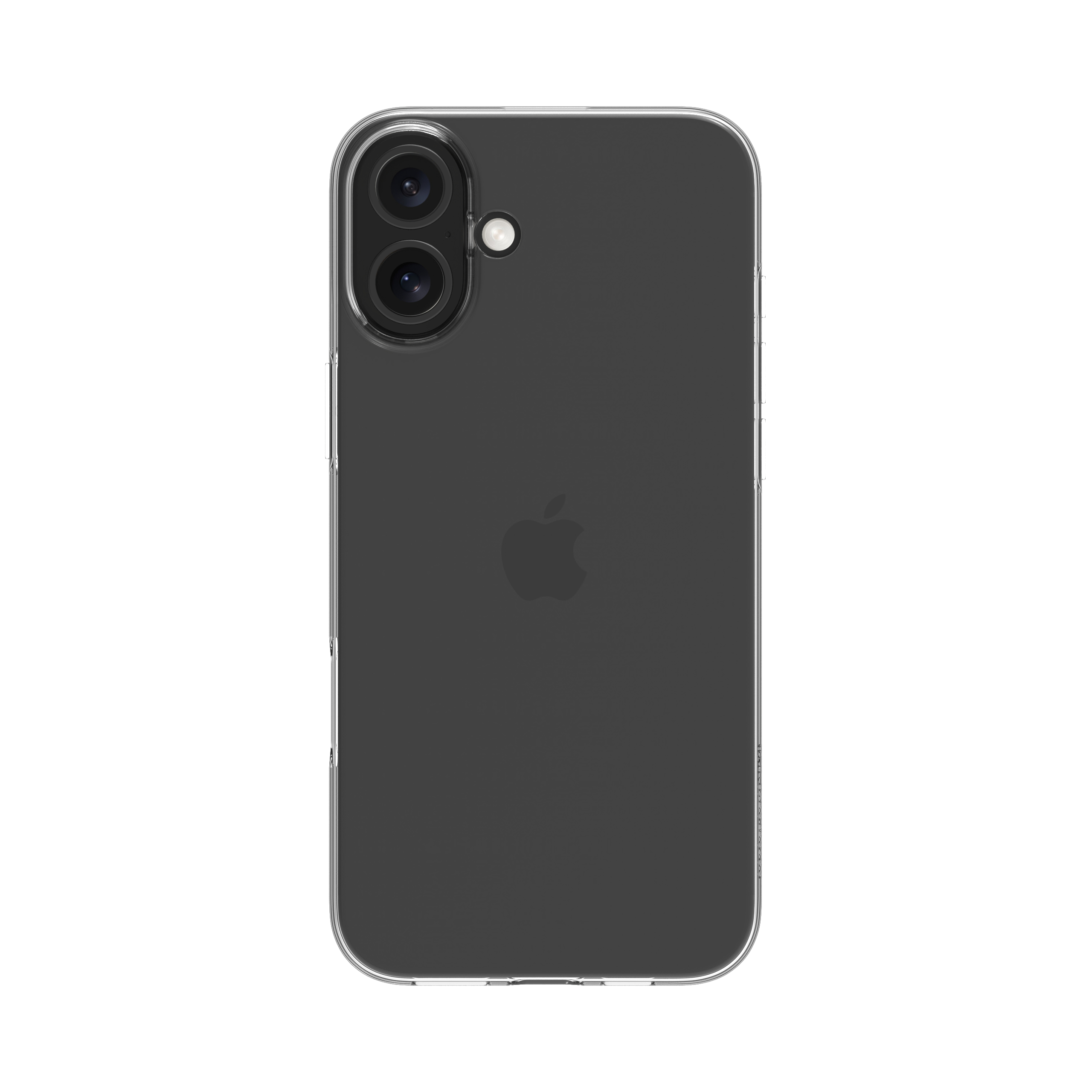 Telefono con custodia trasparente. Il telefono ha due fotocamere. Lo sfondo è grigio chiaro.