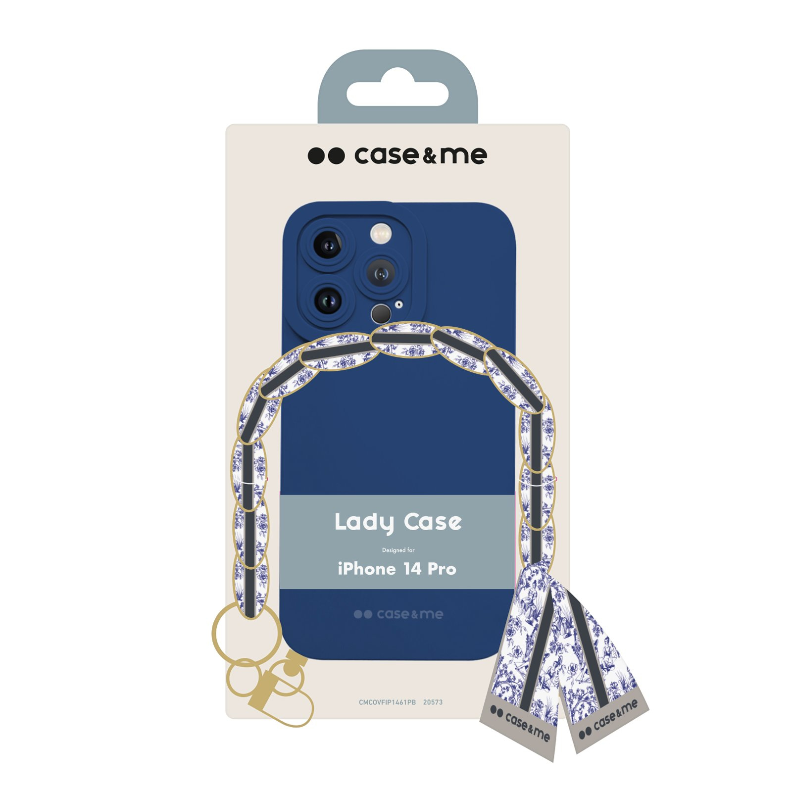 Custodia blu per telefono con cinturino a motivo floreale. La custodia è per un iPhone 14 Pro. Il marchio è Case&me.