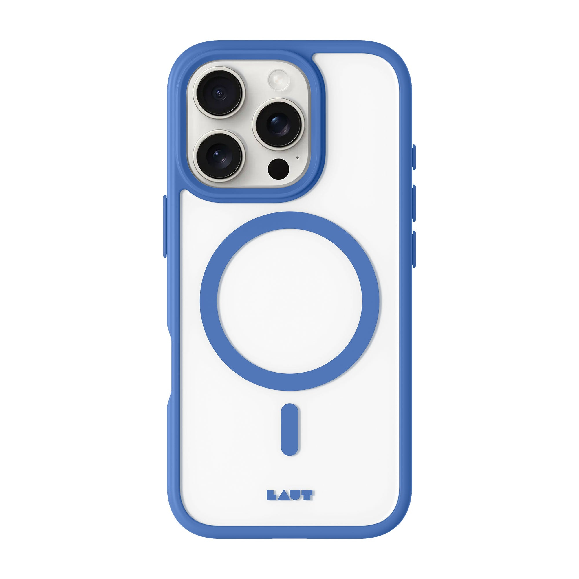 Custodia per iPhone, retro bianco, bordo blu e uno spazio negativo circolare. La custodia ha il marchio Laut.
