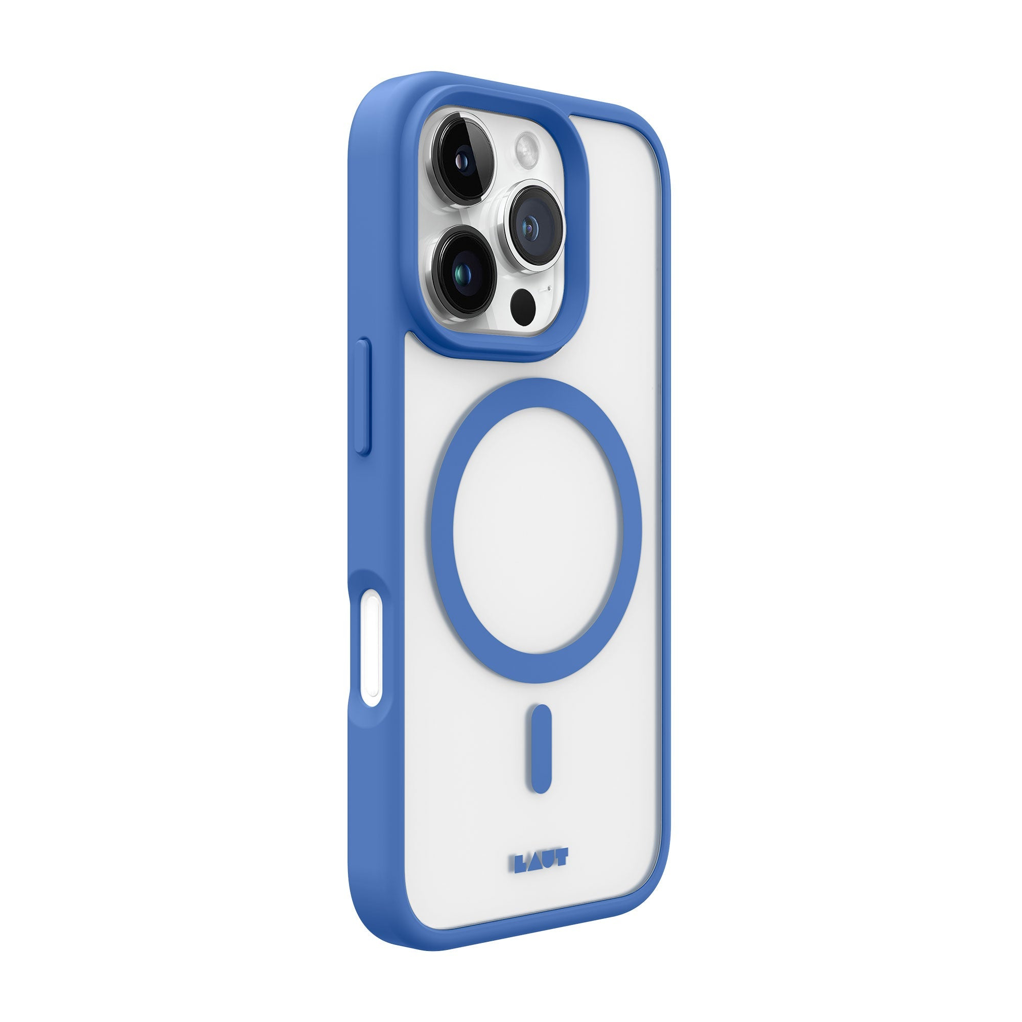 Custodia per iPhone, retro bianco, bordo blu e un accento blu circolare. La custodia ha ritagli per la fotocamera e il marchio Laut.