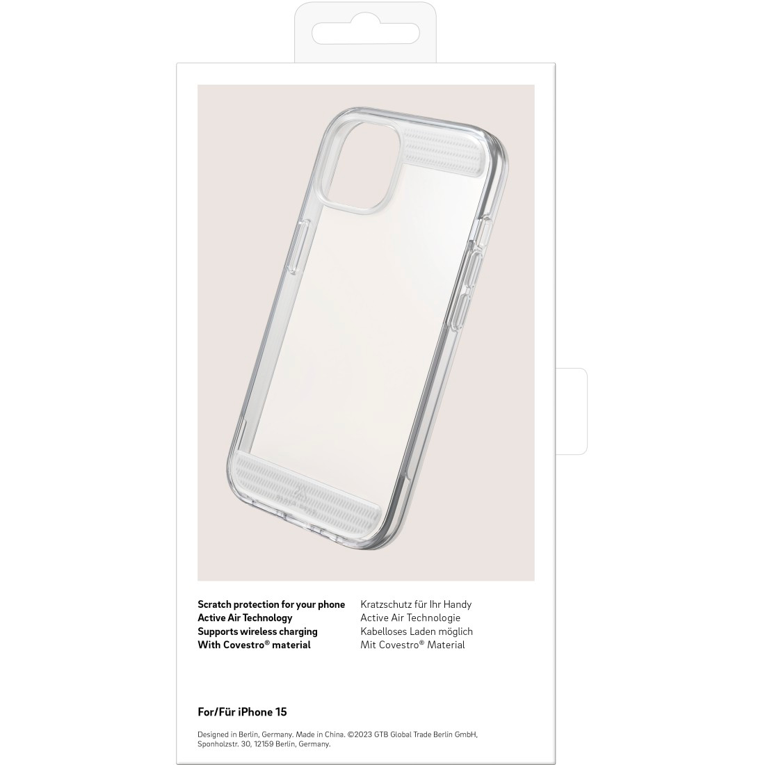 Transparente Handyhülle mit Text. Die Hülle befindet sich auf weißem Hintergrund. Dort steht Kratzschutz, Active Air Technology.