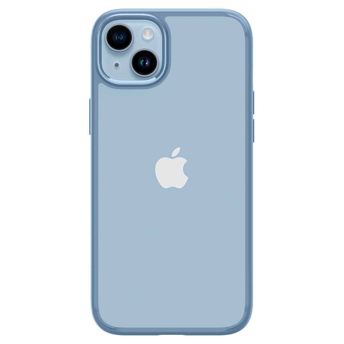 Un iPhone azzurro con una custodia trasparente, che mostra la fotocamera e il logo Apple.