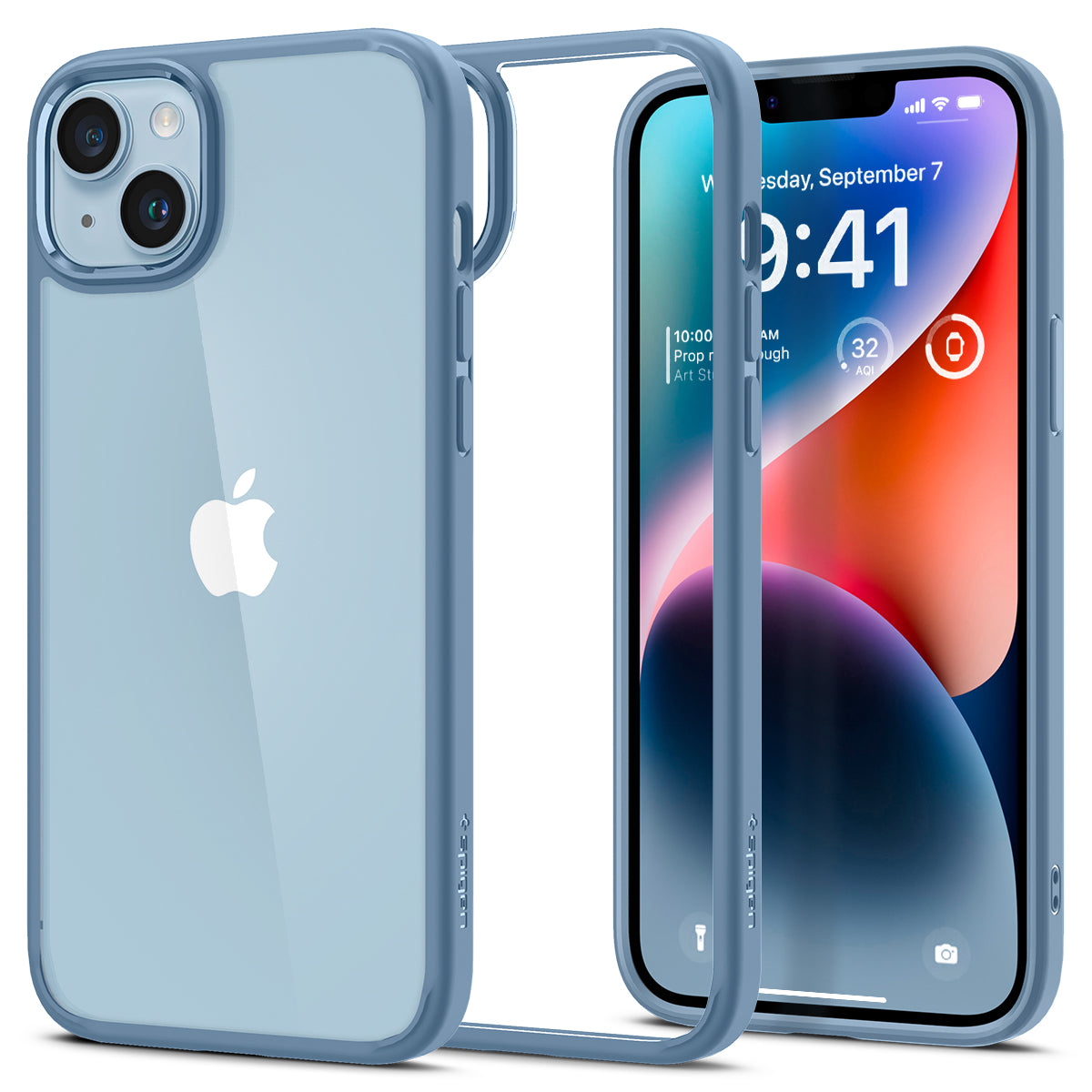 Custodia blu e trasparente su un telefono, schermo con calendario.