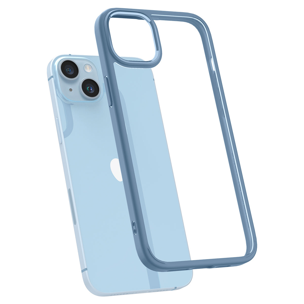 Telefono blu con custodia trasparente. Il telefono è leggermente angolato, sfondo bianco.