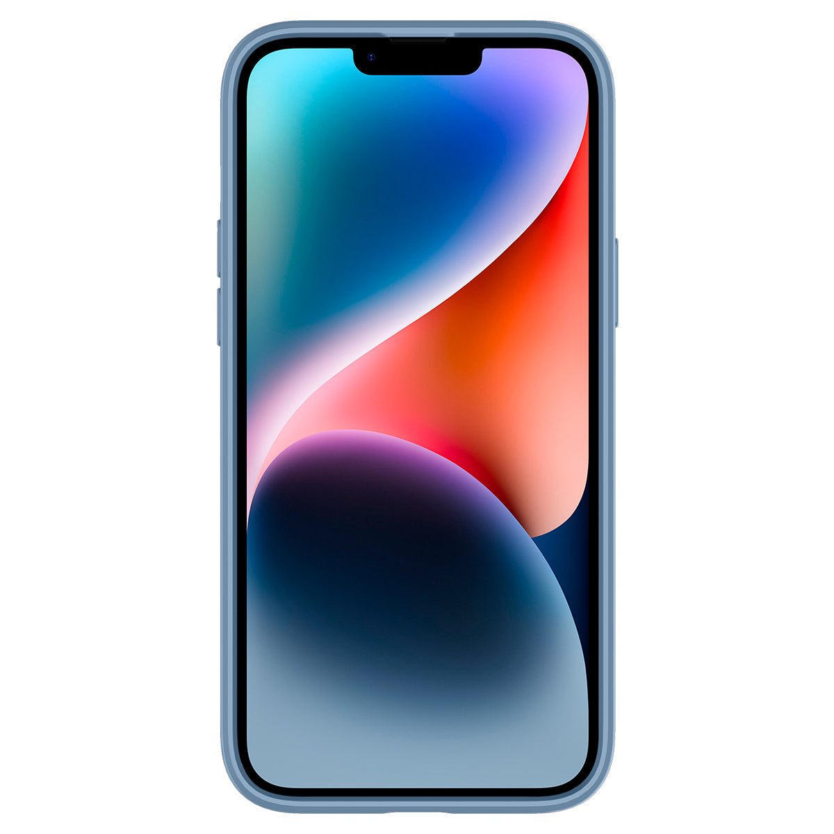 Un iPhone con custodia blu, che mostra lo schermo e le lenti della fotocamera.