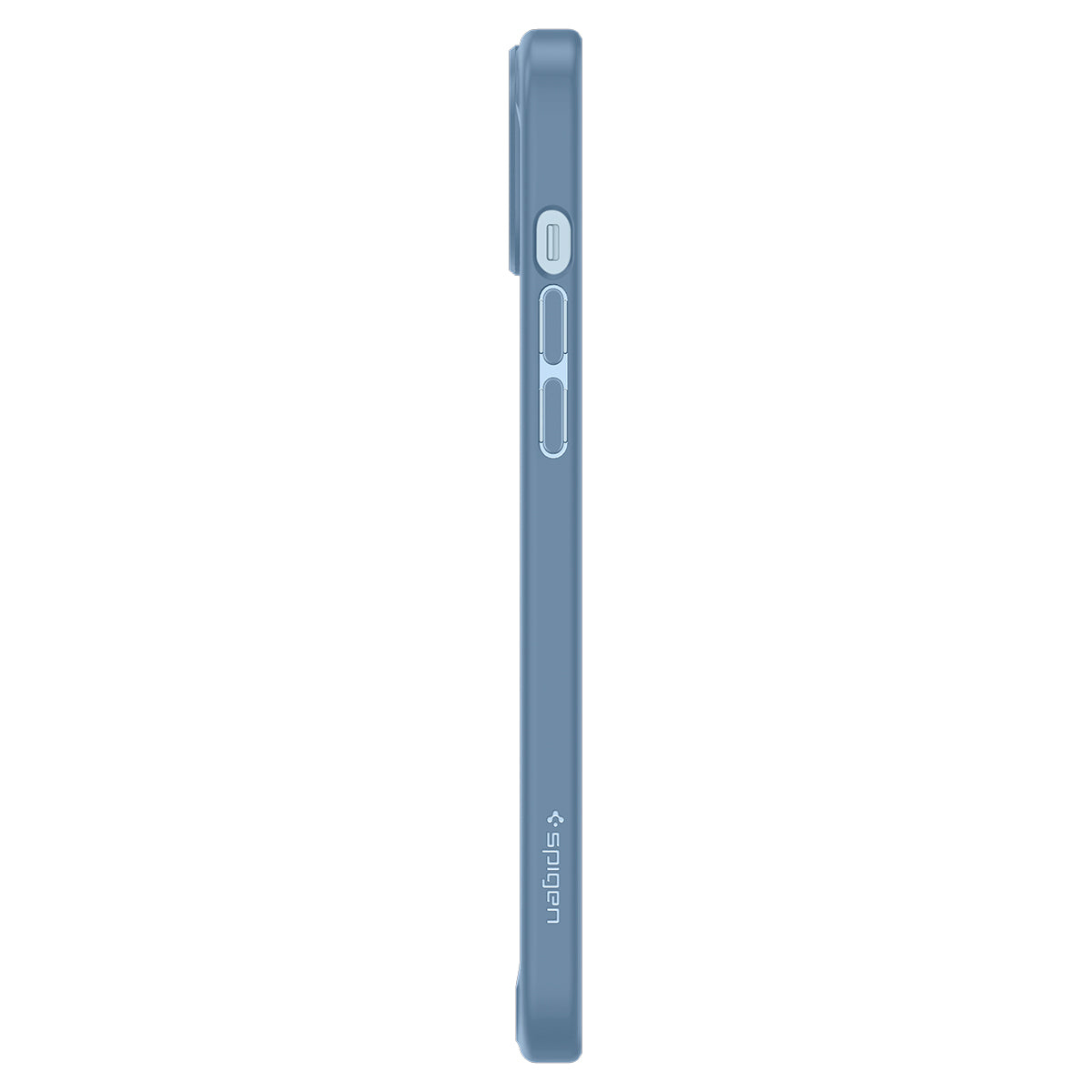 Una vista laterale di un iPhone blu con una custodia Spigen.