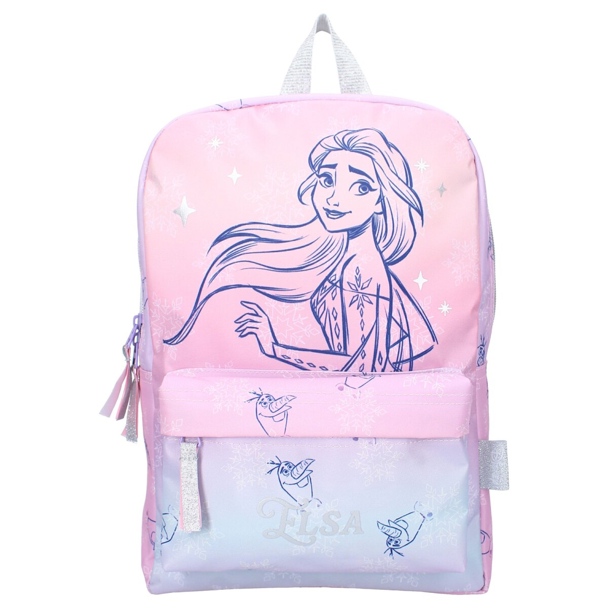 Rosa Rucksack mit Elsa-Grafik, blauem Schneeflocken-Design und einer Vordertasche mit dem Namen 'ELSA'.