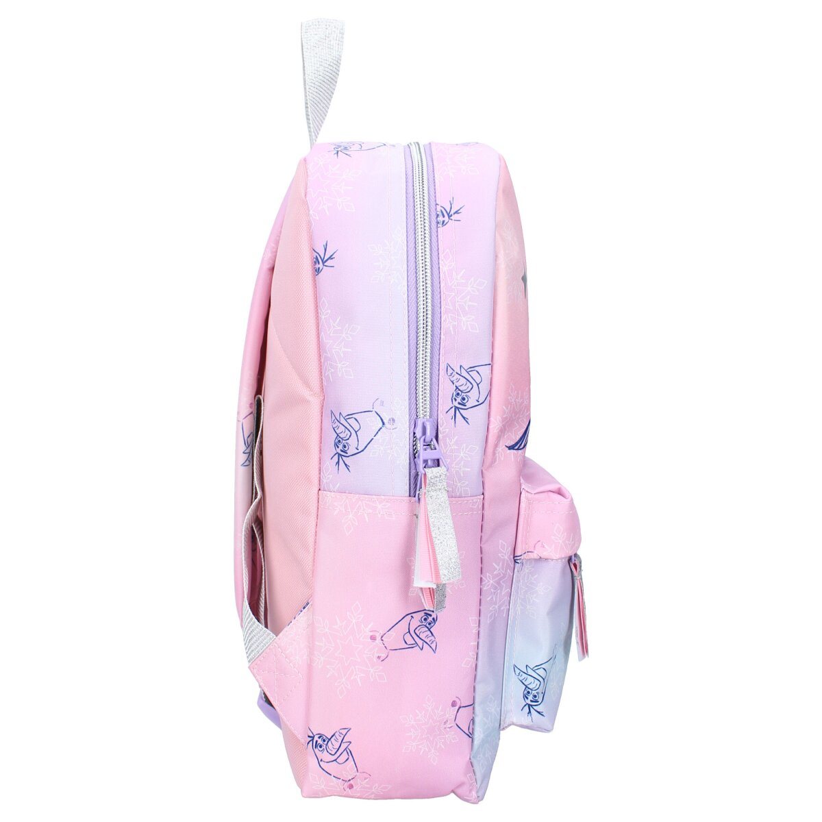 Seitenansicht eines rosa Rucksacks mit Reißverschluss, Schneeflocken und Elsas Bild.