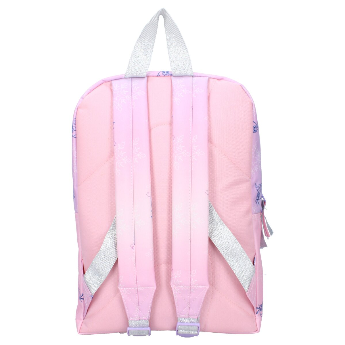 Rosa Rucksack, weiße Träger. Heller rosa Farbverlauf auf der Vorderseite. Blaue Schneeflocken auf dem Rucksack.