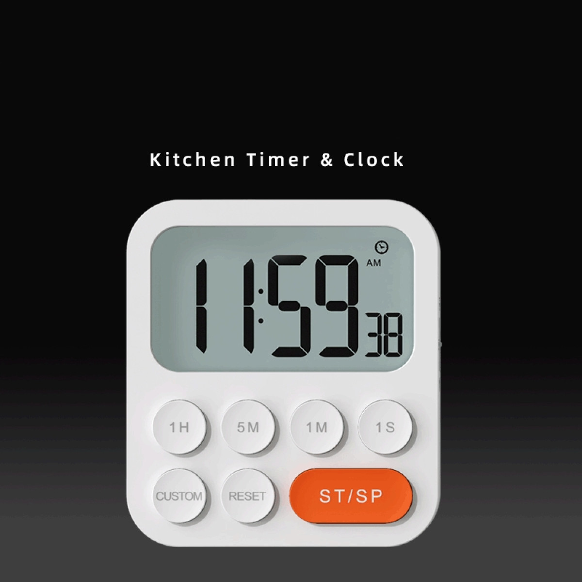 Ein weißer Küchentimer mit 11:59:38 Uhr mit Zeiteinstellungstasten.