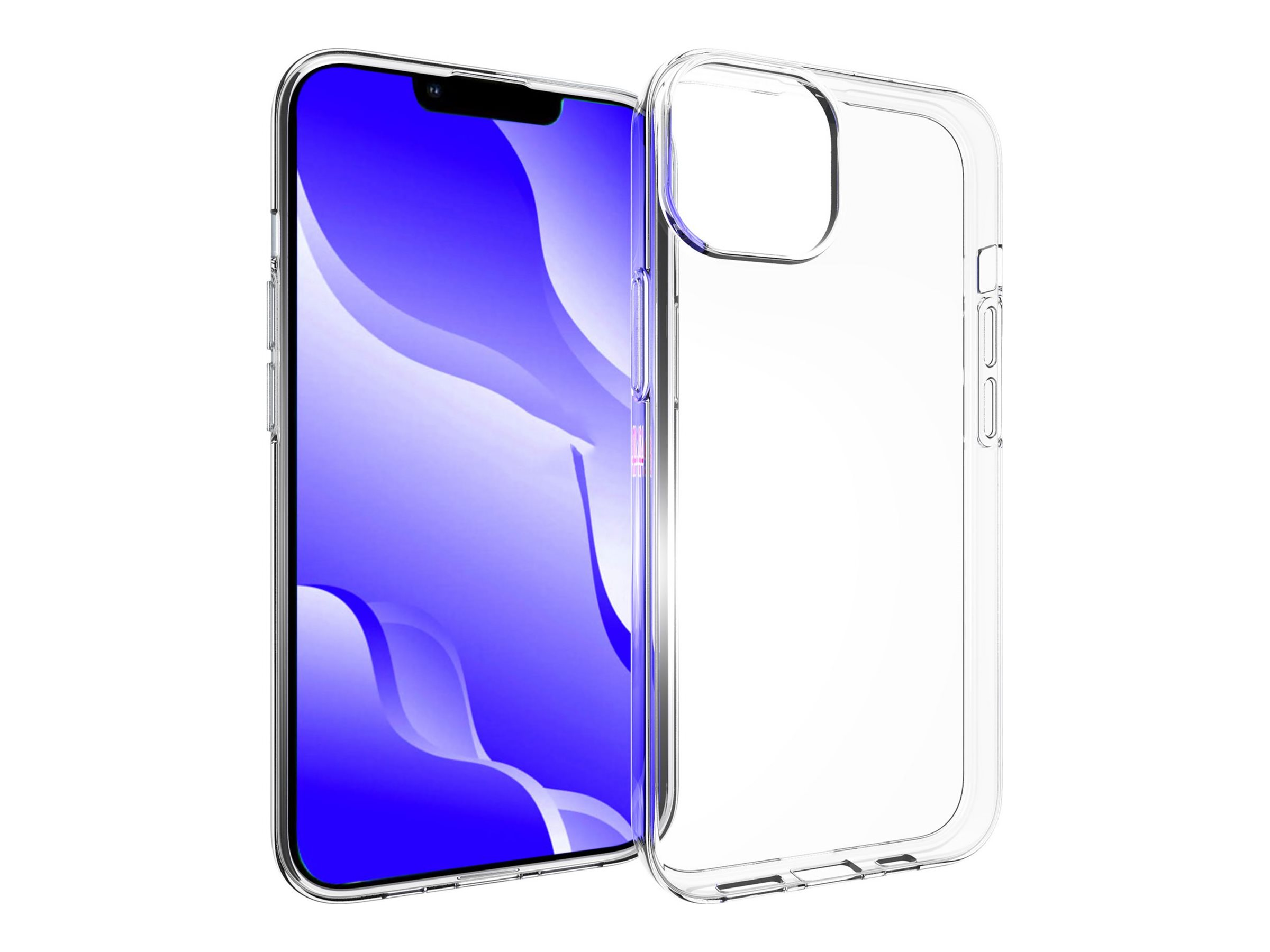 Un telefono con custodia trasparente, che mostra uno schermo blu e viola.
