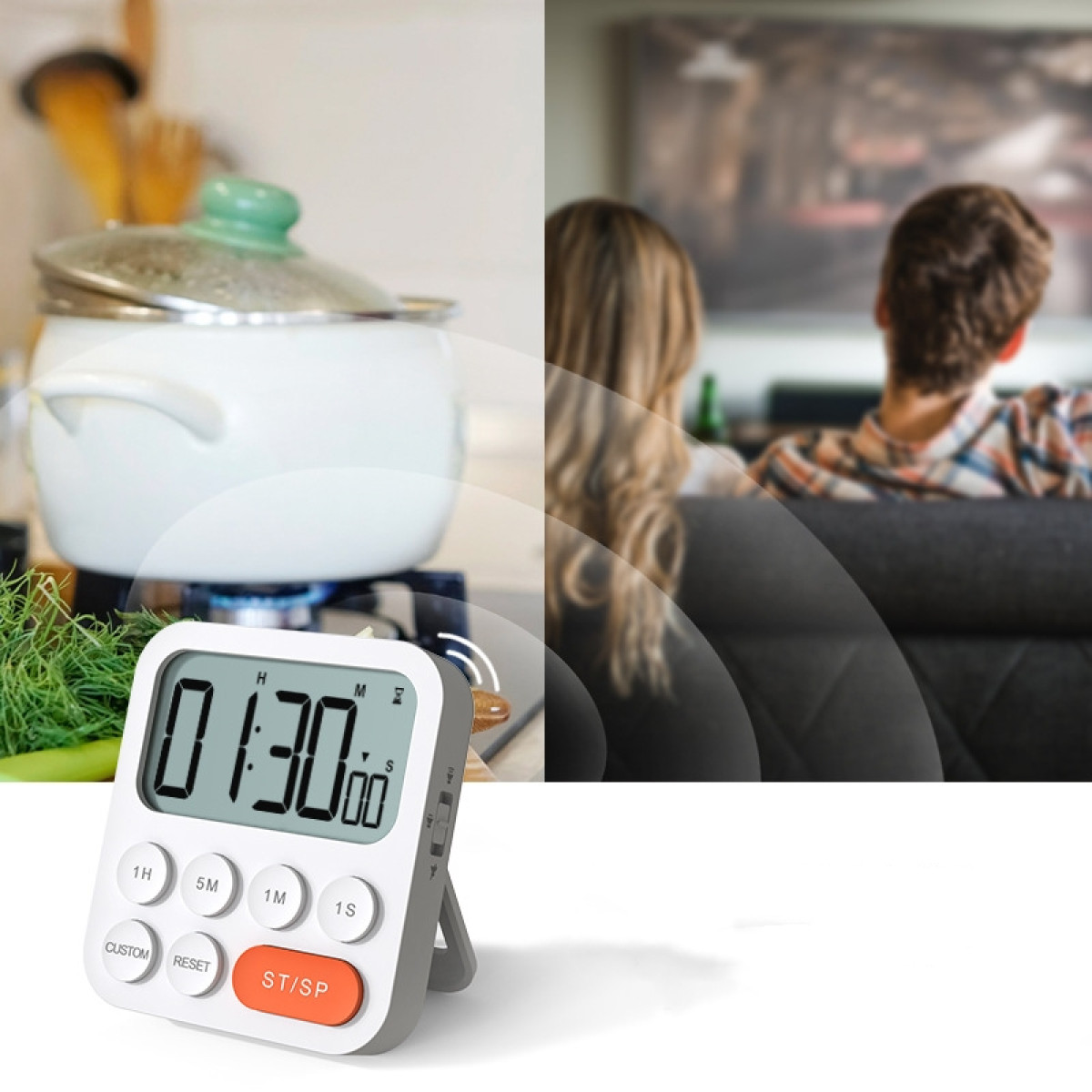 Timer mit Kochtopf und Personen, die im Hintergrund fernsehen, weiß und orangefarben.